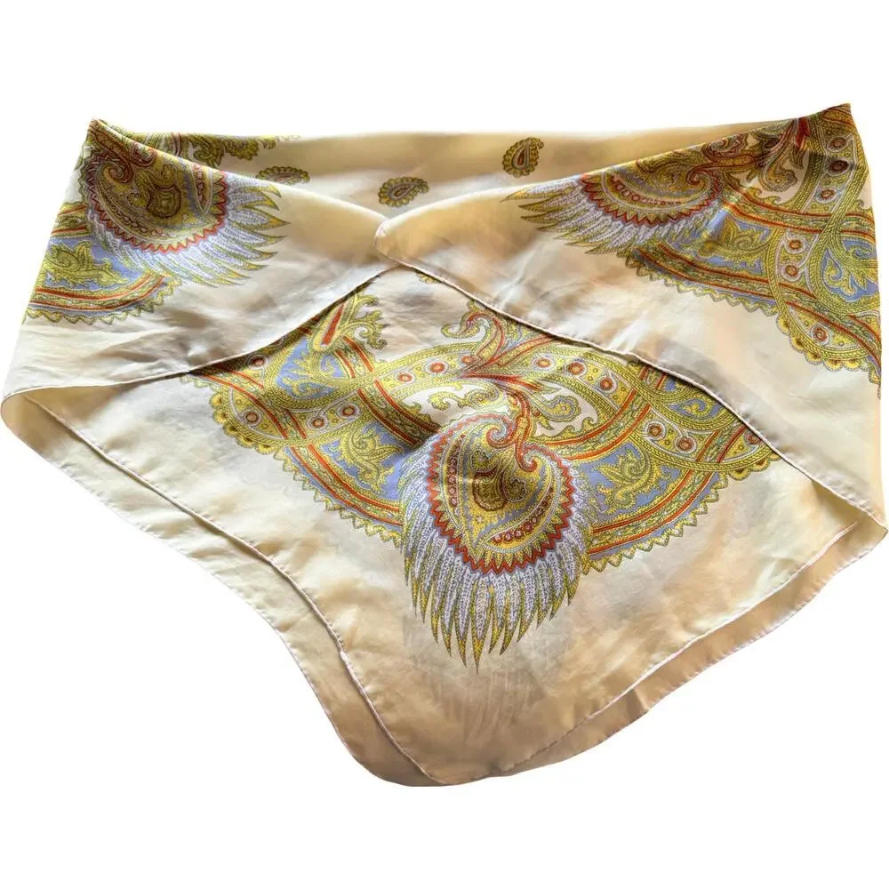 Vintage 1970s Silk Paisley Scarf Ivory Gold Hand Rolled Edges 33” Square British